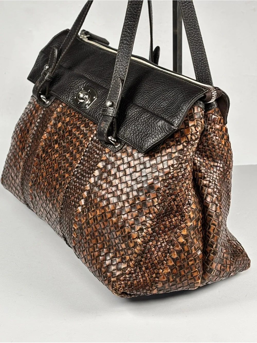 Furla leather brown Woven Tote Bag - top handles Brown